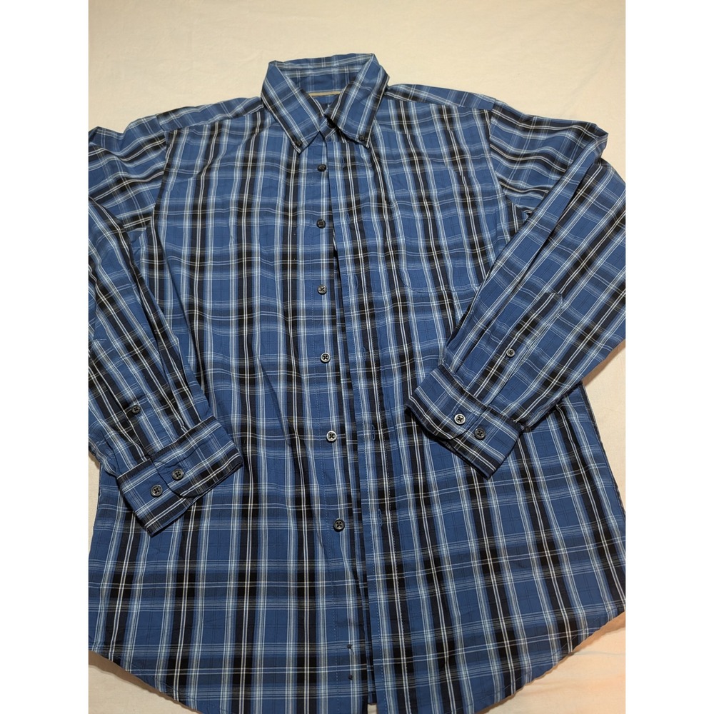 Basic Editions Mens Blue Black Plaid Button Down Shirt Small Long Sleeve Cotton